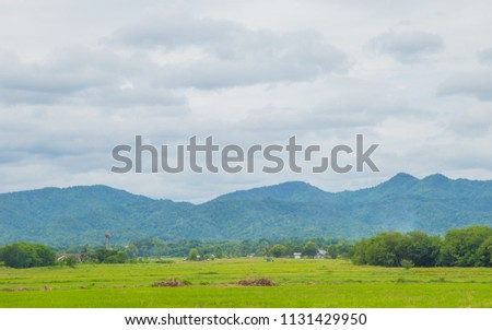 Beautiful Blue Mountain and contry vinllage houses amongg green trees forest and field farm in niceday.