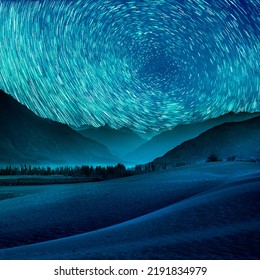 Beautiful Blue Night Desert And Dune On Star Trail Background.