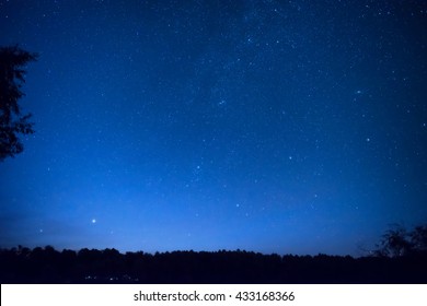 Beautiful Blue Night Sky With Many Stars Above The Forest. Milky Way Space Background