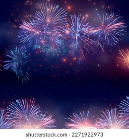 Beautiful blue and pink fireworks display lights up the sky with dazzling display during New Year celebration. Abstract colored fireworks background, copy space. Celebration and anniversary concept