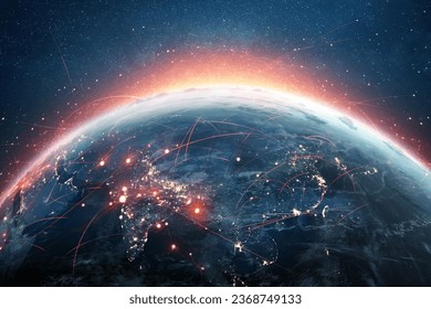 Beautiful blue planet earth with light red lines of communication, creative idea. Transfer and data transmission, concept. Journey. Technology and Communication