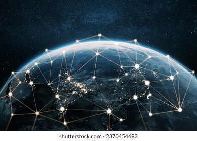 Beautiful blue planet earth with yellow light lines of communication, creative idea. Transfer and data transmission, concept. Journey. Technology and Communication Net, concept