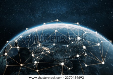 Beautiful blue planet earth with yellow light lines of communication, creative idea. Transfer and data transmission, concept. Journey. Technology and Communication Net, concept