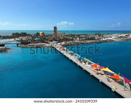 Beautiful blue skies and blue waters of tropical paradise CoCo Cay Bahamas 