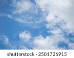 Beautiful blue sky and white cumulus clouds abstract background. Cloudscape background. Blue sky and fluffy white clouds on sunny days. Blue sky and daylight. World Ozone Day. Ozone layer. Summer sky.