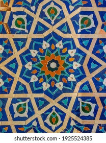 Beautiful Blue Tile Floral And Geometric Design On Wall Of Gur E Amir, The Mausoleum Of Amir Timur Or Tamerlane, Ancient Landmark In UNESCO Listed Samarkand, Uzbekistan