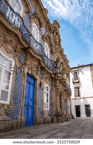Beautiful blue tiled facade of Palacio do Raio in Braga city center in Portugal