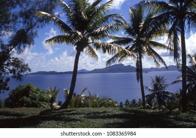Beautiful blue water Chuuk (Truk) Lagoon with coconut trees in foreground and enticing islands in background, Micronesia.