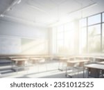 Beautiful blurred background of bright classroom and study room with panoramic windows and beautiful lighting.