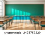 Beautiful blurred background of bright classroom and study room with panoramic windows and beautiful lighting. Blurred Empty school background.