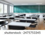 Beautiful blurred background of bright classroom and study room with panoramic windows and beautiful lighting. Blurred Empty school background.