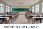 Beautiful blurred background of bright classroom and study room with panoramic windows and beautiful lighting. Blurred Empty school background.