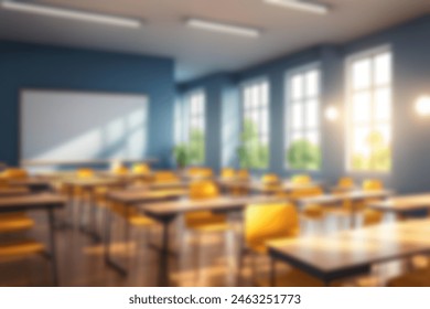 Beautiful blurred background of bright classroom and study room with panoramic windows and beautiful lighting.