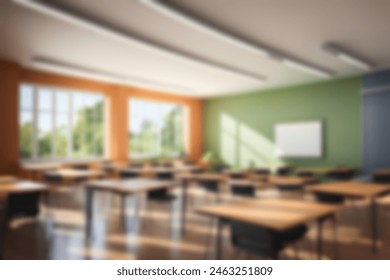 Beautiful blurred background of bright classroom and study room with panoramic windows and beautiful lighting.