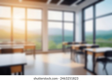 Beautiful blurred background of bright classroom and study room with panoramic windows and beautiful lighting.