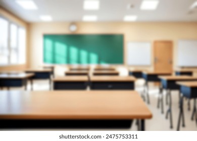 Beautiful blurred background of bright classroom and study room with panoramic windows and beautiful lighting. Blurred Empty school background.