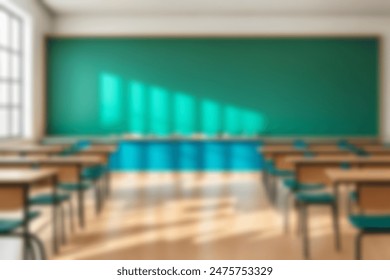 Beautiful blurred background of bright classroom and study room with panoramic windows and beautiful lighting. Blurred Empty school background.