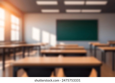 Beautiful blurred background of bright classroom and study room with panoramic windows and beautiful lighting. Blurred Empty school background.