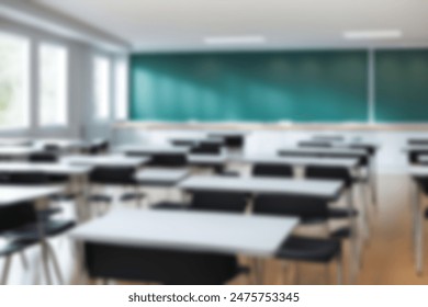 Beautiful blurred background of bright classroom and study room with panoramic windows and beautiful lighting. Blurred Empty school background.
