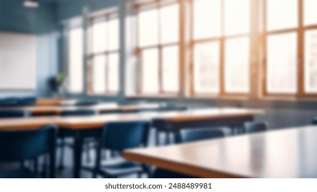 Beautiful blurred background of bright classroom and study room with panoramic windows and beautiful lighting. Blurred school classroom without students with empty chairs and tables. - Powered by Shutterstock