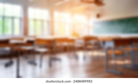 Beautiful blurred background of bright classroom and study room with panoramic windows and beautiful lighting. Blurred school classroom without students with empty chairs and tables.