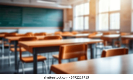 Beautiful blurred background of bright classroom and study room with panoramic windows and beautiful lighting. Blurred school classroom without students with empty chairs and tables.