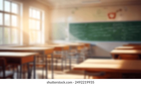 Beautiful blurred background of bright classroom and study room with panoramic windows and beautiful lighting. Blurred school classroom without students with empty chairs and tables. - Powered by Shutterstock