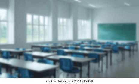 Beautiful blurred background of bright classroom and study room with panoramic windows and beautiful lighting. Blurred Empty school background.