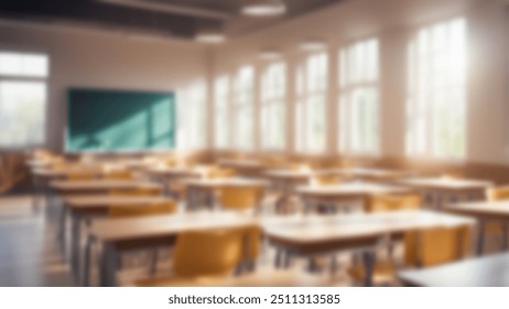 Beautiful blurred background of bright classroom and study room with panoramic windows and beautiful lighting. Blurred Empty school background.