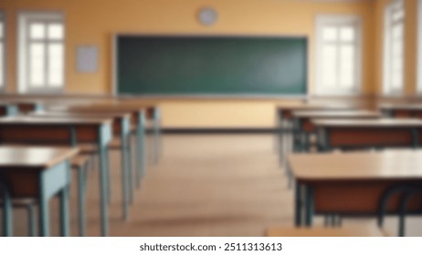 Beautiful blurred background of bright classroom and study room with panoramic windows and beautiful lighting. Blurred Empty school background.