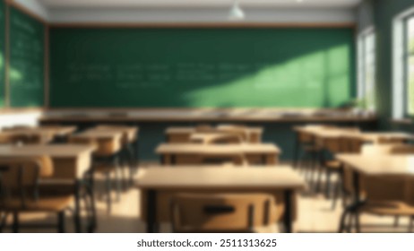 Beautiful blurred background of bright classroom and study room with panoramic windows and beautiful lighting. Blurred Empty school background.