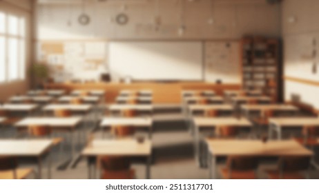 Beautiful blurred background of bright classroom and study room with panoramic windows and beautiful lighting. Blurred school classroom without students with empty chairs and tables.