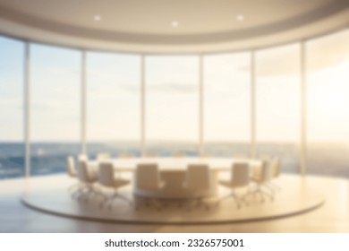 A beautiful blurred background of a conference room with a round table and large panoramic windows. Interior of a modern office out of focus. - Powered by Shutterstock