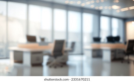 Beautiful blurred background of a light modern office interior with panoramic windows and beautiful lighting. - Shutterstock ID 2331670211