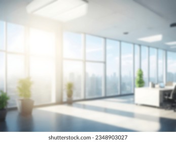 Beautiful blurred background of a light modern office interior with panoramic windows and beautiful lighting. - Shutterstock ID 2348903027