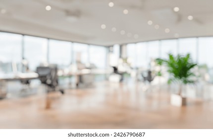 Beautiful blurred background of a light modern Open office full interiors design with indoor plants with Wood plywood floor. Modern Empty Office room blur background  - Powered by Shutterstock