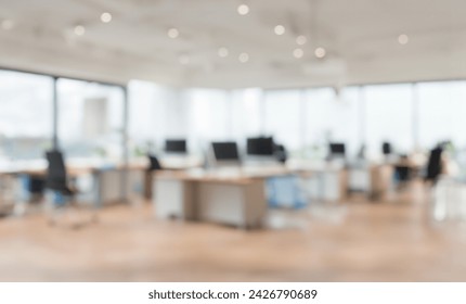 Beautiful blurred background of a light modern Open office full interiors design with indoor plants with Wood plywood floor. Modern Empty Office room blur background  - Powered by Shutterstock