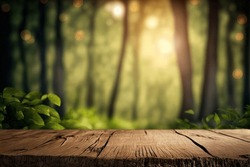 Beautiful Blurred Boreal Forest Background View With Empty Rustic Wooden Table For Mockup Product Display. Picnic Table With Customizable Space On Table-top For Editing. Flawless