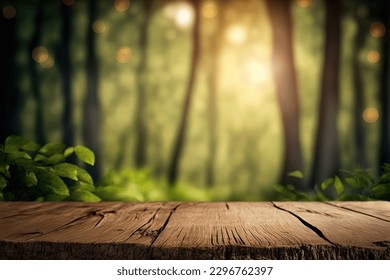 Beautiful blurred boreal forest background view with empty rustic wooden table for mockup product display. Picnic table with customizable space on table-top for editing. Flawless - Shutterstock ID 2296762397