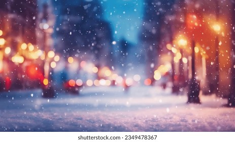 Beautiful blurred street of festive night or evening city with snowfall and Christmas lights. Abstract christmas defocused background. - Powered by Shutterstock