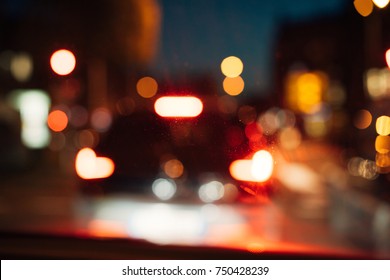 Beautiful Bokeh In Multiple Colors At Night - Pov Of A Driver Caught In A Traffic Jam Rain