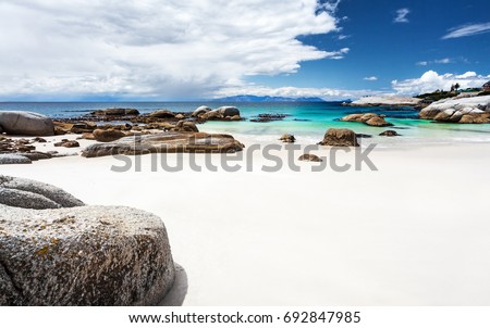 Beautiful Boulders beach landscape, panoramic view, amazing travel location, Simon's Town, Western Cape, South Africa
