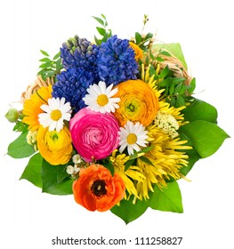 beautiful bouquet of assorted flowers. ranunculus, hyacinth, daisy, gerber, anemone