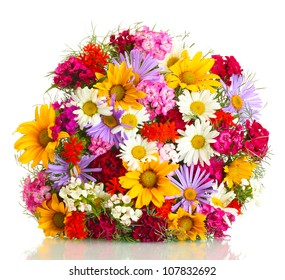 Beautiful Bouquet Of Bright  Wildflowers, Isolated On White