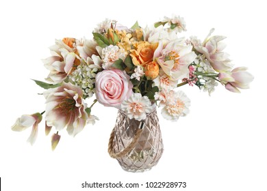 Beautiful bouquet in a vase in gentle tones isolated on white background.