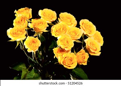 Beautiful bouquet of yellow roses isolated on black background
