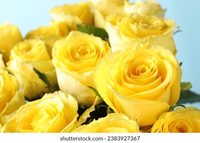 Beautiful bouquet of yellow roses on light blue background, closeup