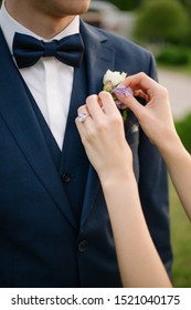 Beautiful Bow Tie, Groom Boutonniere In Jacket, Hands Fixing Boutonniere, Bride Take Care Of His Groom, Wife Helps His Husband, Concept Of Happy Mariage