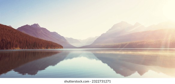 Beautiful Bowman lake with reflection of the spectacular mountains in Glacier National Park, Montana, USA. - Shutterstock ID 2322731271