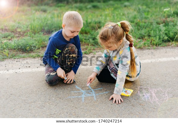 Beautiful Boy Girl Twins Draw On Stock Photo Edit Now